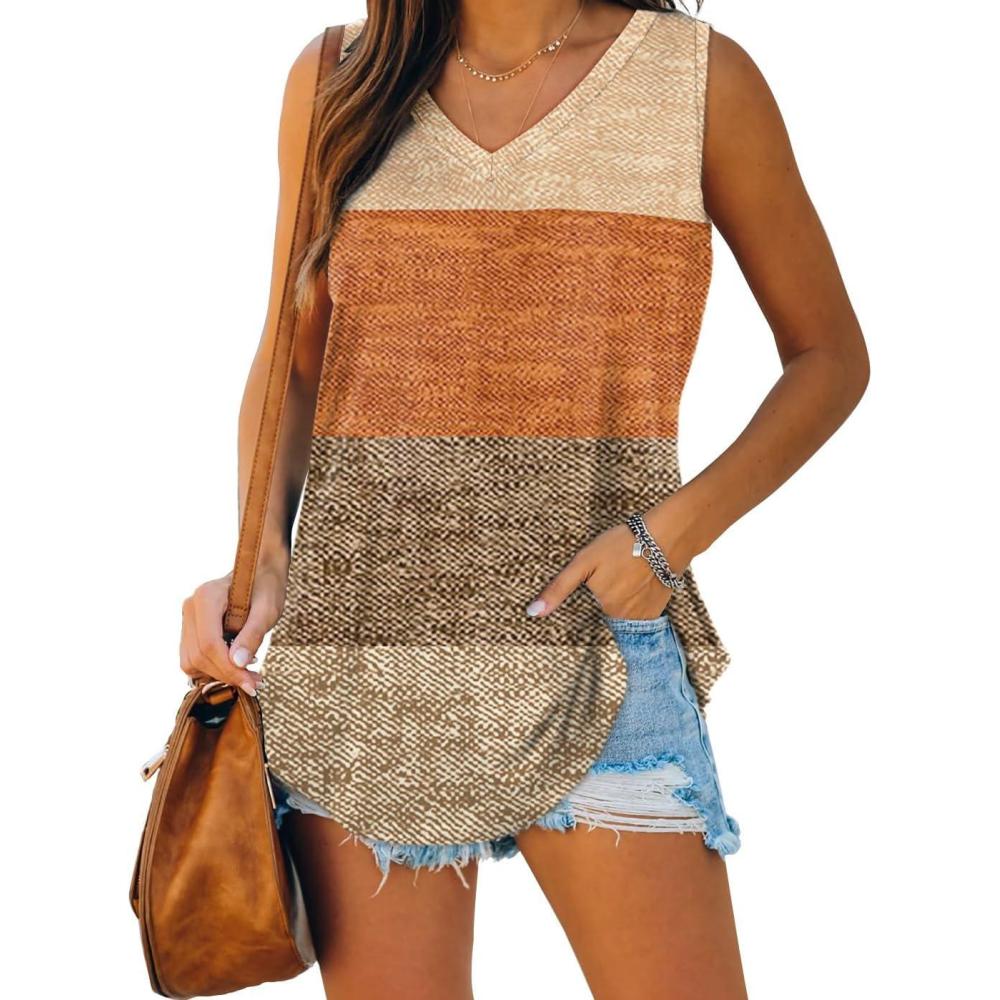 image:imageXIEERDUO Womens Tank Tops V Neck Basic Solid Color Casual Flowy Summer Sleeveless01brown Stripes