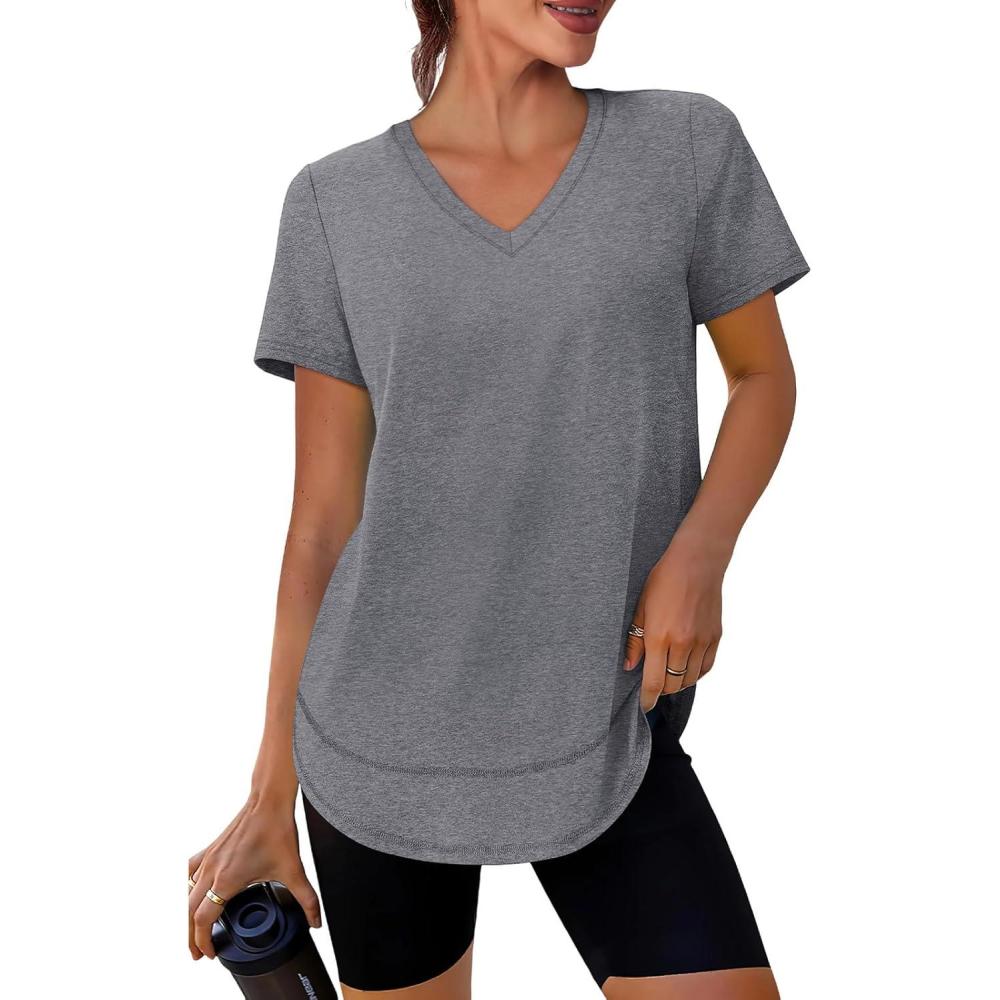 image:imageXIEERDUO Womens Workout Tops Short Sleeve Shirts Sun Protection UPF 50 Quick Dry Outfits for Hiking Running V Neck S3XL01 Grey