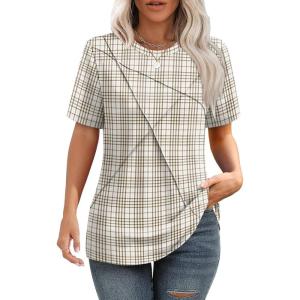 Summer Tops for Women 2025 Cute Green Blouses Dressy Casual Pleated Short Sleeve Shirts Trendy S(Z Brown Plaid)
