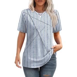 Summer Tops for Women 2025 Cute Green Blouses Dressy Casual Pleated Short Sleeve Shirts Trendy S(Z Grey Striped)