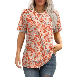 Summer Tops for Women 2025 Cute Green Blouses Dressy Casual Pleated Short Sleeve Shirts Trendy S(Z Red Flowy)