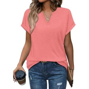 Womens Tops Dressy Casual V Neck Rolled Sleeve T Shirts Fashion Clothing Business Casual Outfits Beach Vacation Clothes(C-coral)