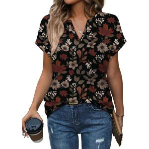 Womens Tops Dressy Casual V Neck Rolled Sleeve T Shirts Fashion Clothing Business Casual Outfits Beach Vacation Clothes(D-black Floral)