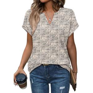 Womens Tops Dressy Casual V Neck Rolled Sleeve T Shirts Fashion Clothing Business Casual Outfits Beach Vacation Clothes(E-beige Print)