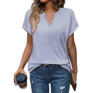Womens Tops Dressy Casual V Neck Rolled Sleeve T Shirts Fashion Clothing Business Casual Outfits Beach Vacation Clothes(F-blue Stripe)