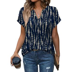 Womens Tops Dressy Casual V Neck Rolled Sleeve T Shirts Fashion Clothing Business Casual Outfits Beach Vacation Clothes(G-navy Print)