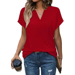 Womens Tops Dressy Casual V Neck Rolled Sleeve T Shirts Fashion Clothing Business Casual Outfits Beach Vacation Clothes(H-red)