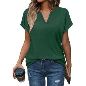 Womens Tops Dressy Casual V Neck Rolled Sleeve T Shirts Fashion Clothing Business Casual Outfits Beach Vacation Clothes(I-green)