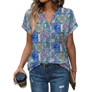 Womens Tops Dressy Casual V Neck Rolled Sleeve T Shirts Fashion Clothing Business Casual Outfits Beach Vacation Clothes(J-blue Purple Pattern)