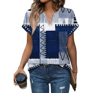 Womens Tops Dressy Casual V Neck Rolled Sleeve T Shirts Fashion Clothing Business Casual Outfits Beach Vacation Clothes(K-navy Block)