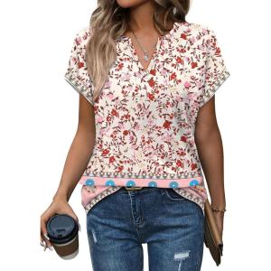 Womens Tops Dressy Casual V Neck Rolled Sleeve T Shirts Fashion Clothing Business Casual Outfits Beach Vacation Clothes(L-pink Print)