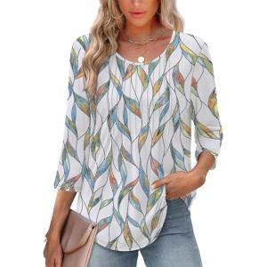 XIEERDUO 3/4 Length Sleeve Tops for Women 2026 Crewneck Casual Pleated Tunic Tops Shirts Blouses(F-leaf)