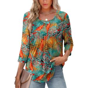 XIEERDUO 3/4 Length Sleeve Tops for Women 2026 Crewneck Casual Pleated Tunic Tops Shirts Blouses(F-tropical Sunset Grove)