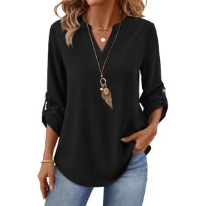 XIEERDUO 3/4 Length Sleeve Womens Tops V Neck T Shirts Both Side Buttons Blouses Business Casual Outfits Loose Fit(Black)