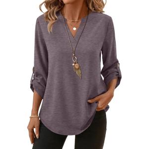 XIEERDUO 3/4 Length Sleeve Womens Tops V Neck T Shirts Both Side Buttons Blouses Business Casual Outfits Loose Fit(Grey Purple)