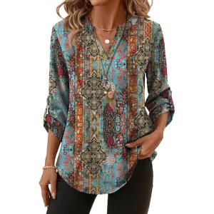 XIEERDUO 3/4 Length Sleeve Womens Tops V Neck T Shirts Both Side Buttons Blouses Business Casual Outfits Loose Fit(Z Blue Floral)