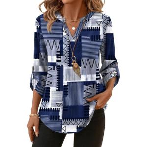 XIEERDUO 3/4 Length Sleeve Womens Tops V Neck T Shirts Both Side Buttons Blouses Business Casual Outfits Loose Fit(Z Blue Geometry)