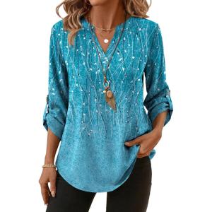 XIEERDUO 3/4 Length Sleeve Womens Tops V Neck T Shirts Both Side Buttons Blouses Business Casual Outfits Loose Fit(Z Blue Printed)