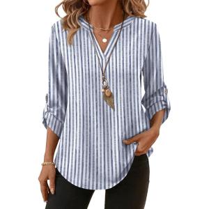 XIEERDUO 3/4 Length Sleeve Womens Tops V Neck T Shirts Both Side Buttons Blouses Business Casual Outfits Loose Fit(Z Blue Stripe)