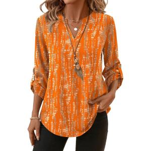 XIEERDUO 3/4 Length Sleeve Womens Tops V Neck T Shirts Both Side Buttons Blouses Business Casual Outfits Loose Fit(Z Brown Geometry)