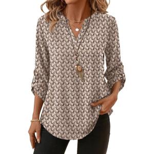 XIEERDUO 3/4 Length Sleeve Womens Tops V Neck T Shirts Both Side Buttons Blouses Business Casual Outfits Loose Fit(Z Brown Stripe)