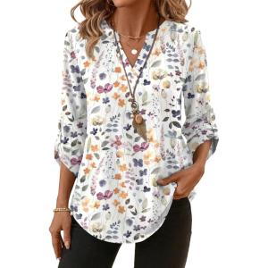 XIEERDUO 3/4 Length Sleeve Womens Tops V Neck T Shirts Both Side Buttons Blouses Business Casual Outfits Loose Fit(Z Floral White)