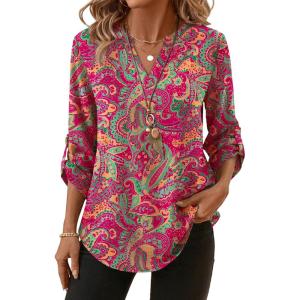 XIEERDUO 3/4 Length Sleeve Womens Tops V Neck T Shirts Both Side Buttons Blouses Business Casual Outfits Loose Fit(Z Red Boho)