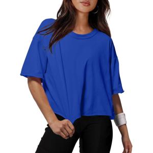 XIEERDUO Cotton Tshirts for Women Drop Shoulder Round Neck Oversized Crop Tops Workout Tops Tees(O Royal Blue)