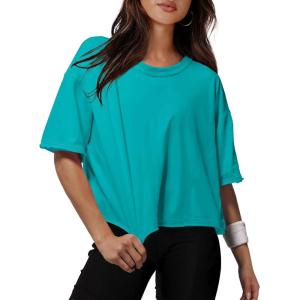 XIEERDUO Cotton Tshirts for Women Drop Shoulder Round Neck Oversized Crop Tops Workout Tops Tees(O Turquoise)