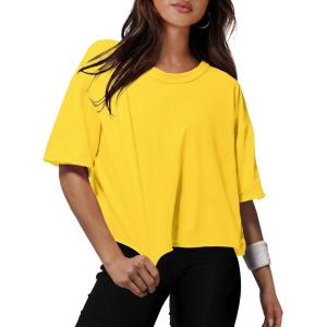 XIEERDUO Cotton Tshirts for Women Drop Shoulder Round Neck Oversized Crop Tops Workout Tops Tees(O Yellow)