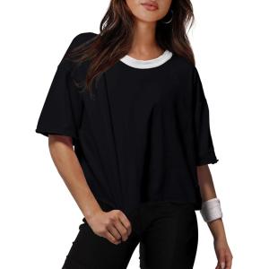 XIEERDUO Cotton Tshirts for Women Drop Shoulder Round Neck Oversized Crop Tops Workout Tops Tees(P White Black Contrast)