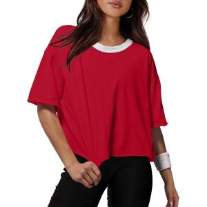 XIEERDUO Cotton Tshirts for Women Drop Shoulder Round Neck Oversized Crop Tops Workout Tops Tees(P White Red Contrast)