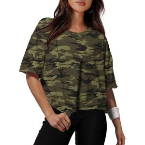 XIEERDUO Cotton Tshirts for Women Drop Shoulder Round Neck Oversized Crop Tops Workout Tops Tees(Print Camouflage)