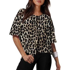 XIEERDUO Cotton Tshirts for Women Drop Shoulder Round Neck Oversized Crop Tops Workout Tops Tees(Print Leopard)