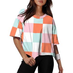 XIEERDUO Cotton Tshirts for Women Drop Shoulder Round Neck Oversized Crop Tops Workout Tops Tees(Print Plaid)