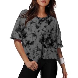 XIEERDUO Cotton Tshirts for Women Drop Shoulder Round Neck Oversized Crop Tops Workout Tops Tees(Print Tie Dye)