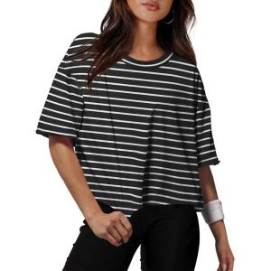 XIEERDUO Cotton Tshirts for Women Drop Shoulder Round Neck Oversized Crop Tops Workout Tops Tees(Stripe Black)