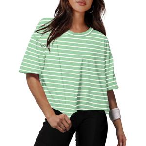 XIEERDUO Cotton Tshirts for Women Drop Shoulder Round Neck Oversized Crop Tops Workout Tops Tees(Stripe Green)