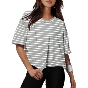 XIEERDUO Cotton Tshirts for Women Drop Shoulder Round Neck Oversized Crop Tops Workout Tops Tees(Stripe Grey)