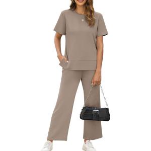 XIEERDUO Women’s Side Slit Lounge Sets 2026 Fashion 2 Piece Travel Outfits Cozy Loungewear Wide Leg Tracksuits S-3XL(A Khaki)