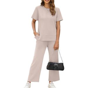XIEERDUO Women’s Side Slit Lounge Sets 2026 Fashion 2 Piece Travel Outfits Cozy Loungewear Wide Leg Tracksuits S-3XL(Apricot)