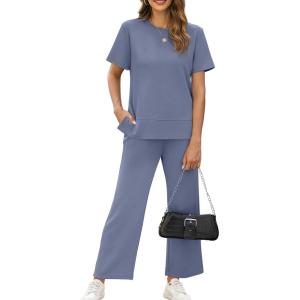 XIEERDUO Women’s Side Slit Lounge Sets 2026 Fashion 2 Piece Travel Outfits Cozy Loungewear Wide Leg Tracksuits S-3XL(Blue)
