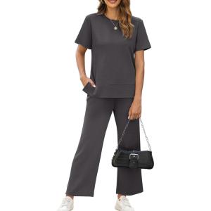 XIEERDUO Women’s Side Slit Lounge Sets 2026 Fashion 2 Piece Travel Outfits Cozy Loungewear Wide Leg Tracksuits S-3XL(Dark Grey)