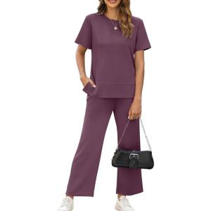 XIEERDUO Women’s Side Slit Lounge Sets 2026 Fashion 2 Piece Travel Outfits Cozy Loungewear Wide Leg Tracksuits S-3XL(Dark Purple)
