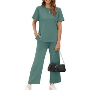 XIEERDUO Women’s Side Slit Lounge Sets 2026 Fashion 2 Piece Travel Outfits Cozy Loungewear Wide Leg Tracksuits S-3XL(Deep Green)