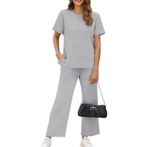 XIEERDUO Women’s Side Slit Lounge Sets 2026 Fashion 2 Piece Travel Outfits Cozy Loungewear Wide Leg Tracksuits S-3XL(Grey)