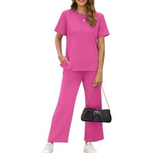 XIEERDUO Women’s Side Slit Lounge Sets 2026 Fashion 2 Piece Travel Outfits Cozy Loungewear Wide Leg Tracksuits S-3XL(Hot Pink)