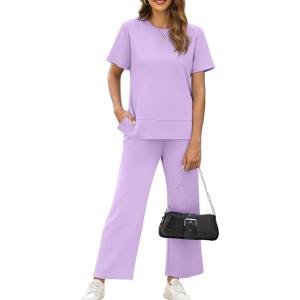 XIEERDUO Women’s Side Slit Lounge Sets 2026 Fashion 2 Piece Travel Outfits Cozy Loungewear Wide Leg Tracksuits S-3XL(Light Purple)