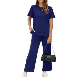 XIEERDUO Women’s Side Slit Lounge Sets 2026 Fashion 2 Piece Travel Outfits Cozy Loungewear Wide Leg Tracksuits S-3XL(Navy)