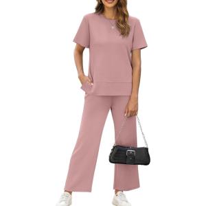 XIEERDUO Women’s Side Slit Lounge Sets 2026 Fashion 2 Piece Travel Outfits Cozy Loungewear Wide Leg Tracksuits S-3XL(Pink)